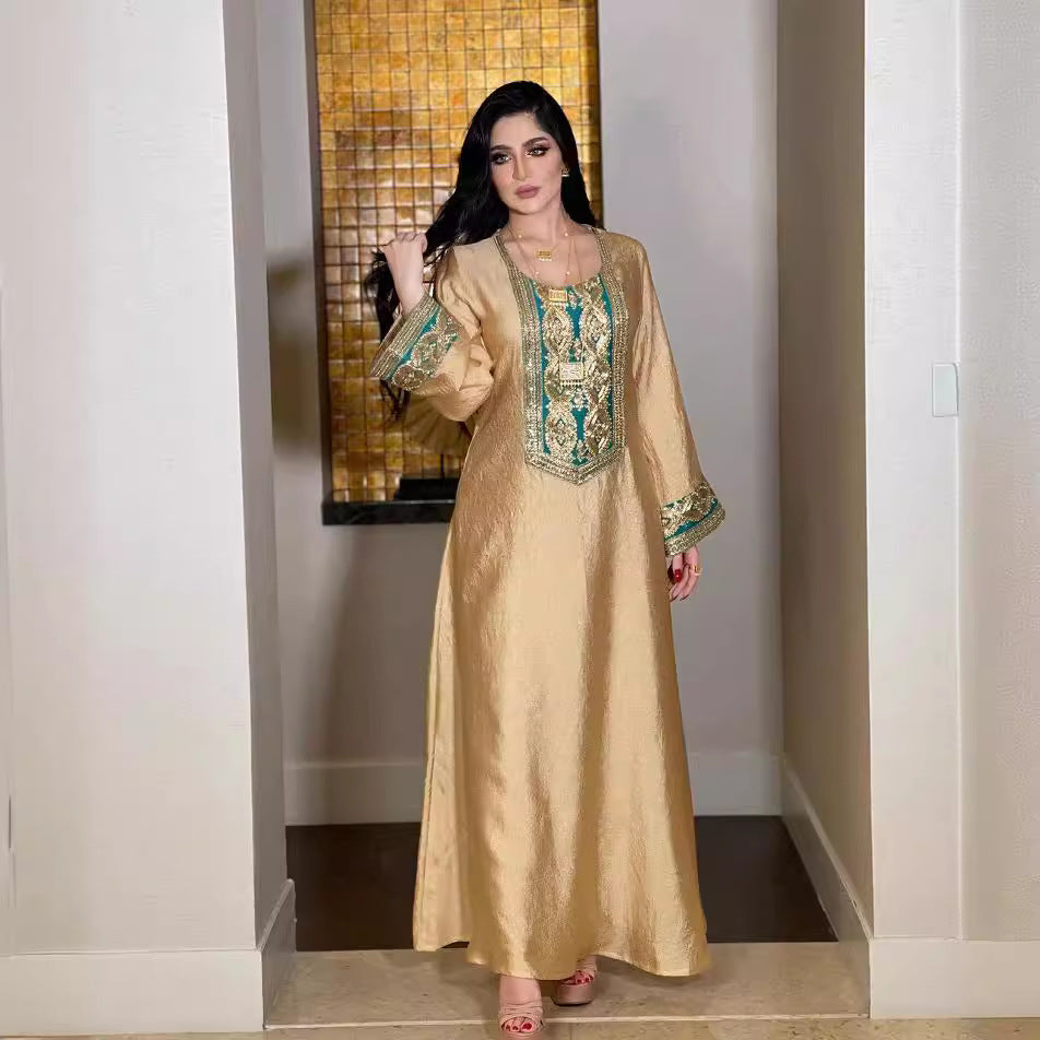 New Sequined Gold Silk Solid Color Long Sleeve Arab Dress Women