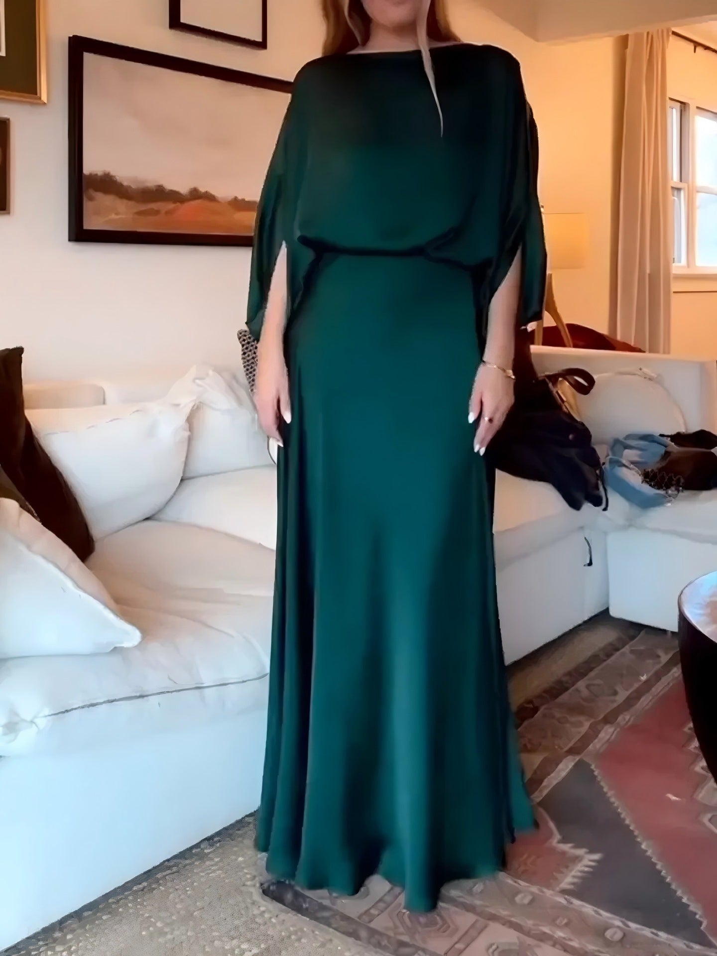 Sleek Solid-Color Satin Long Dress with Bishop Sleeves for Arabian Nights