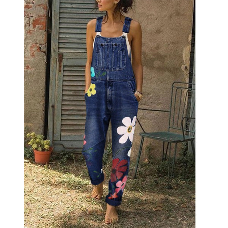 Printed Washed Denim Overalls in Polyester Fiber