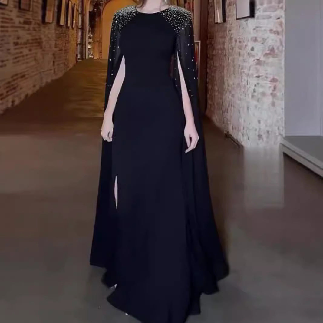 Black Middle East Hot Fix Rhinestone Evening Gown Robe Long Sleeve