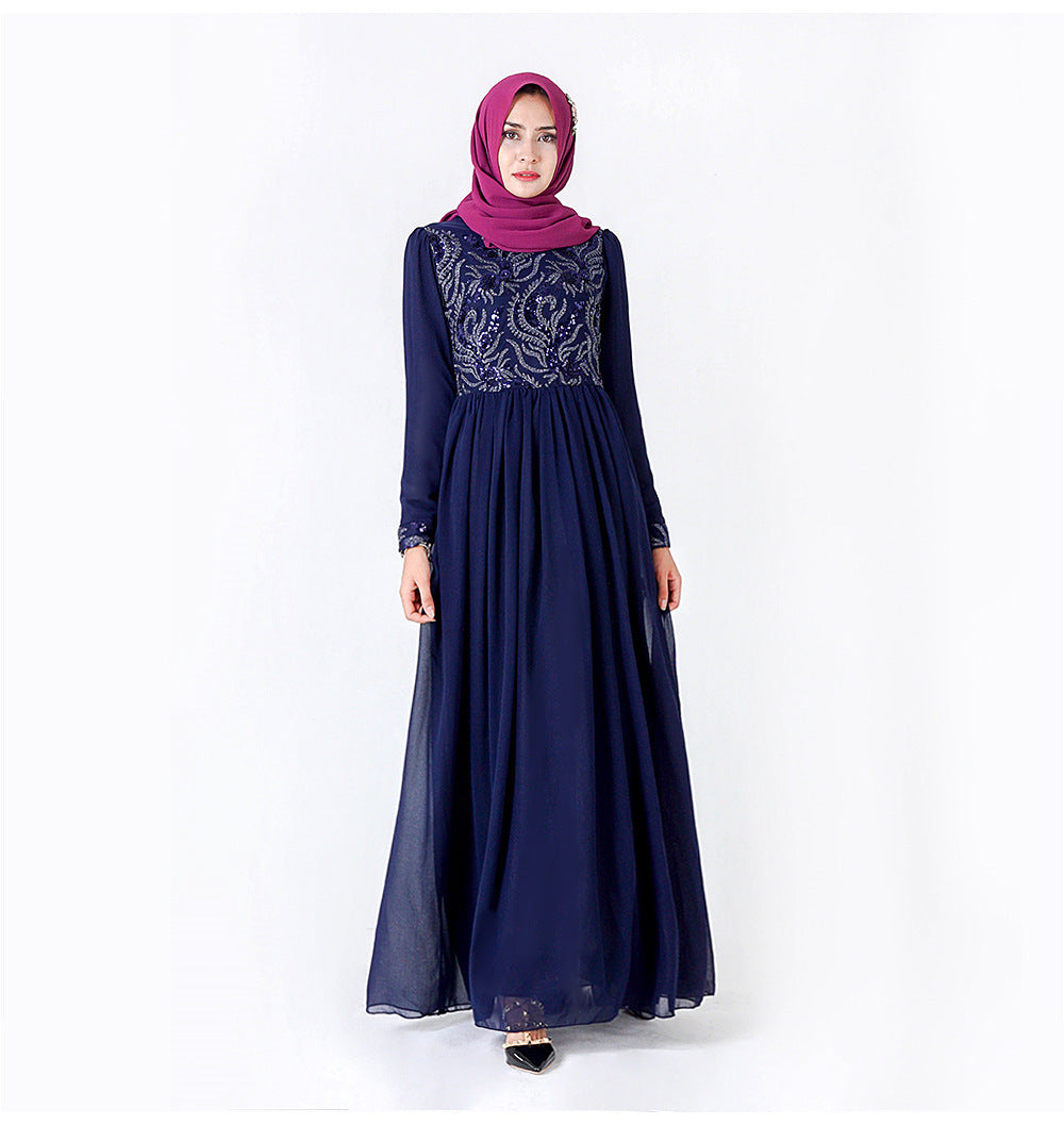 Robe musulmane brodée à manches longues en dentelle à sequins