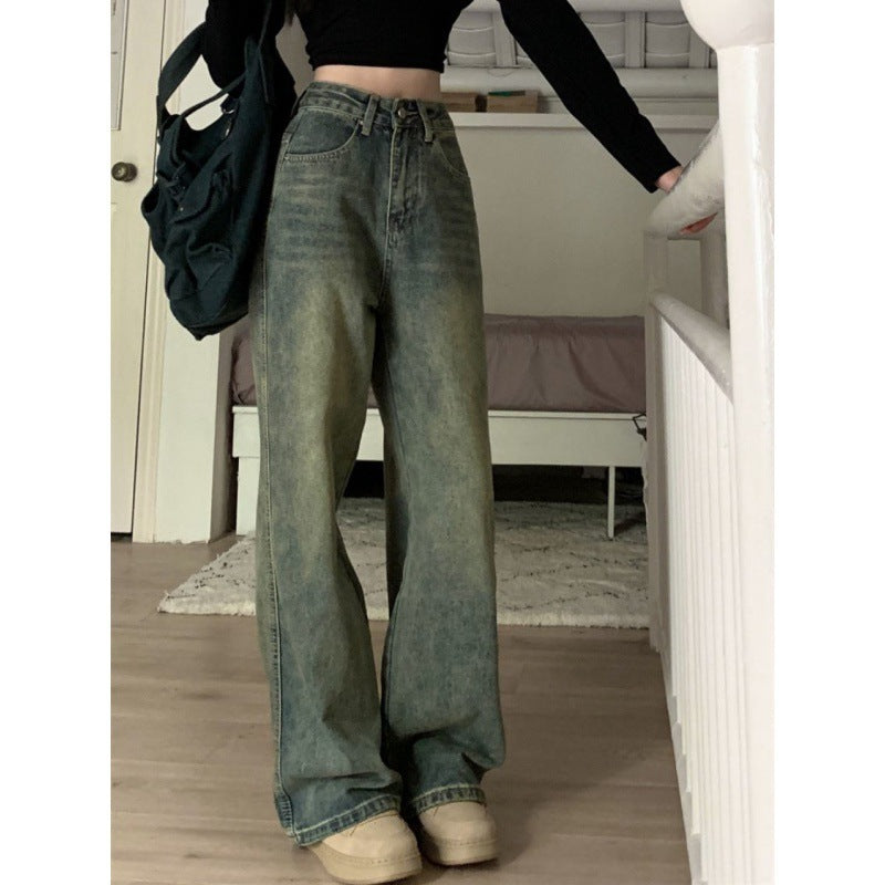 Retro Blue Washed-Out Wide Leg Denim Pants for Women - Loose, Figure Flattering, Distressed Style