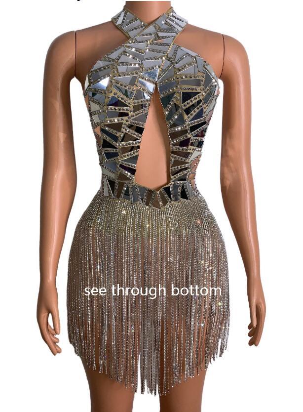Bright Diamond Long Fringed Hip Bag Skirt Sleeveless Polyester Fiber