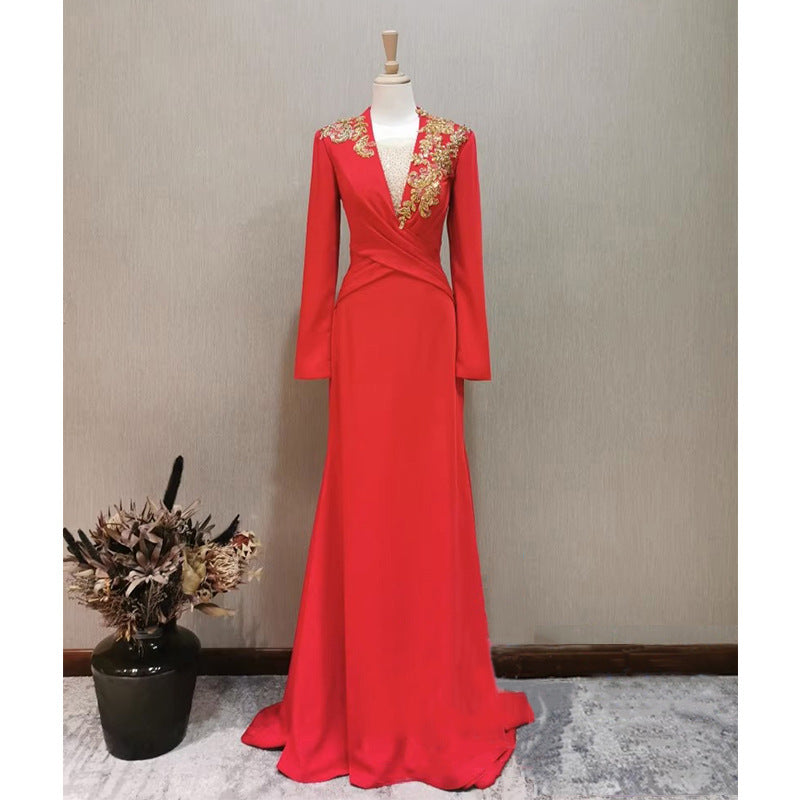 Robe de soirée de banquet pour femme, manches longues, rouge