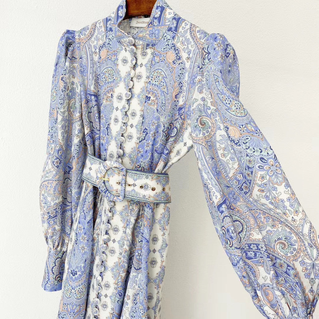 Blue Linen Print Women’s Dress