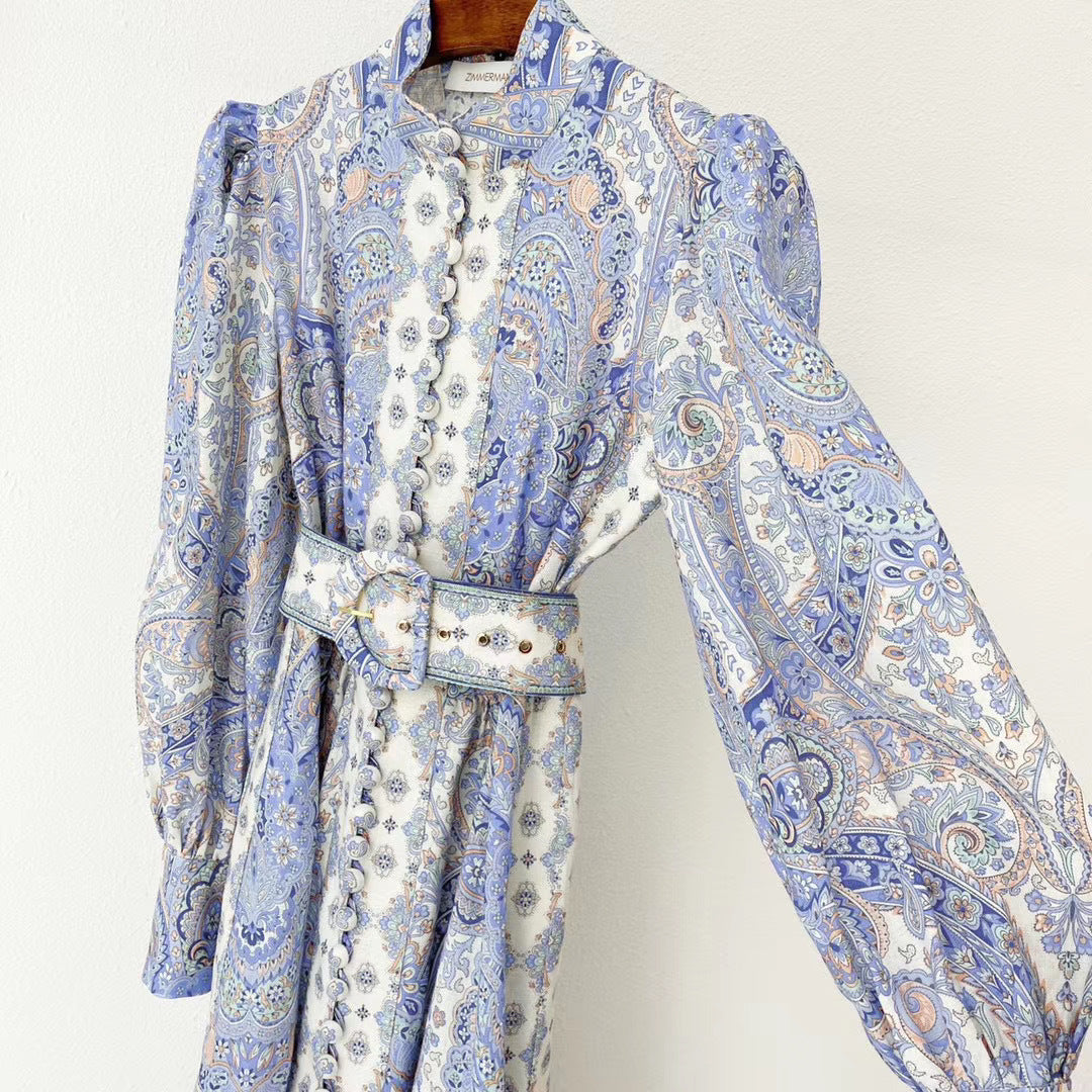 Blue Linen Print Women’s Dress