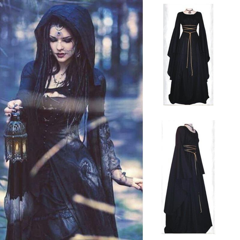 Robe d'Halloween pour femme, manches longues, col rond et ceinture, coupe asymétrique, costume de sorcière.