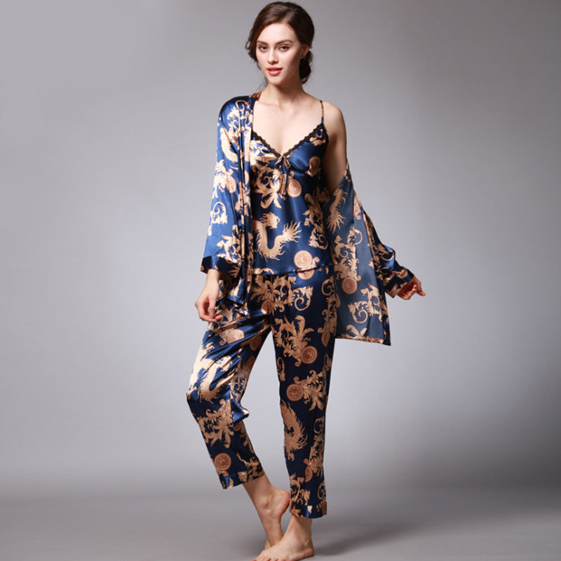 Ensemble de pyjama trois pièces en soie artificielle pour femme