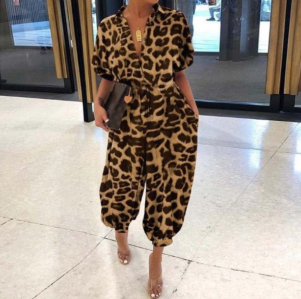 Short Sleeve Buttoned High-Waist Jumpsuit with Belt