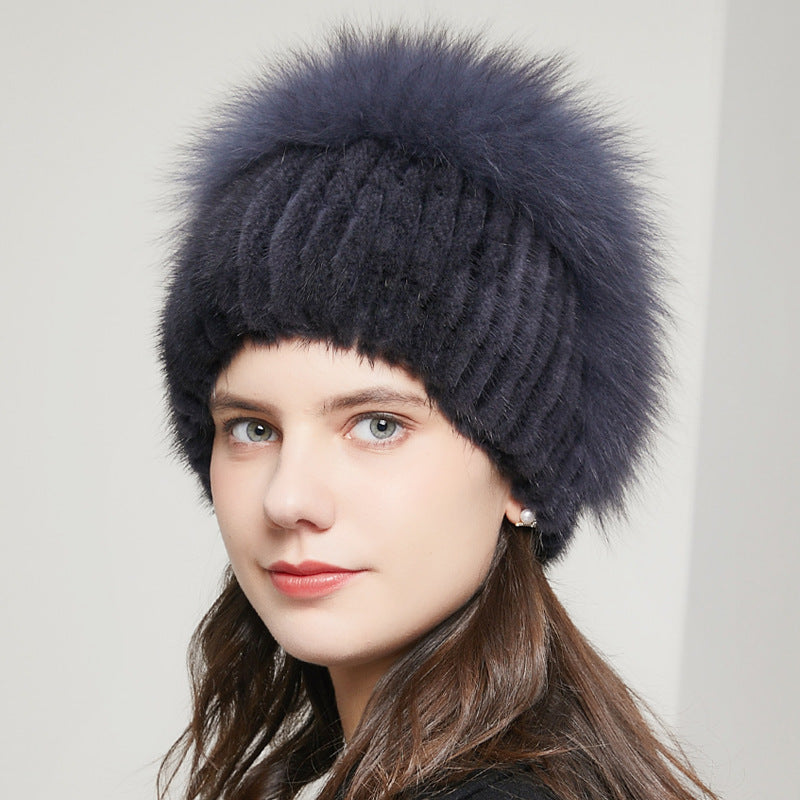 Bonnet d'hiver chaud en fourrure de renard avec strass et tricot extensible pour femme