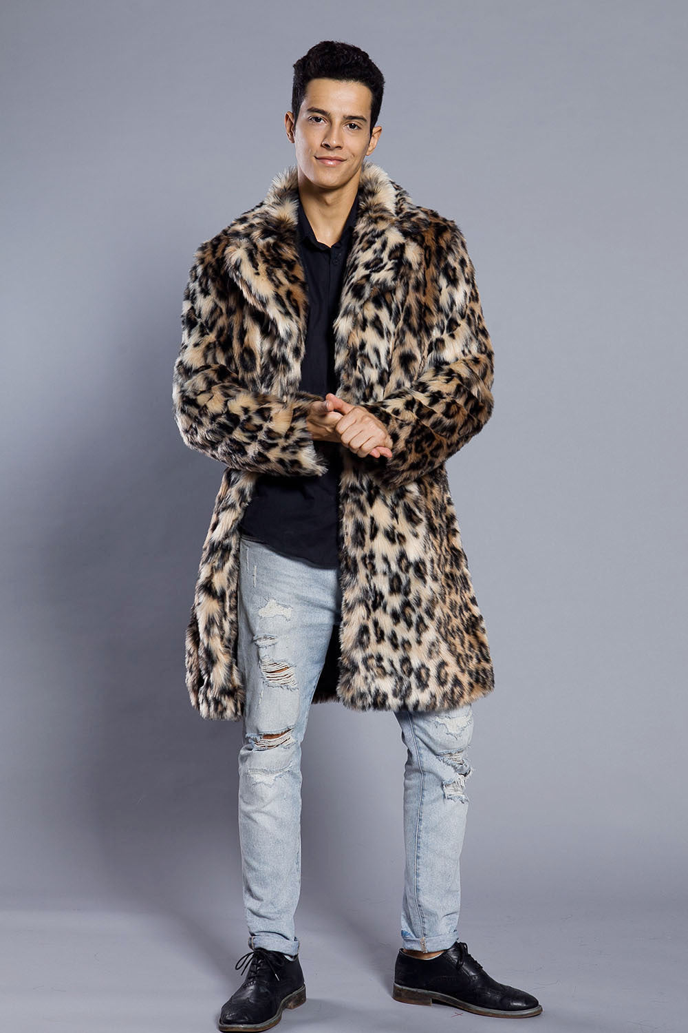 Leopard Color Fur Men's Suit Collar Collar Coat Popular Warm Coat Men