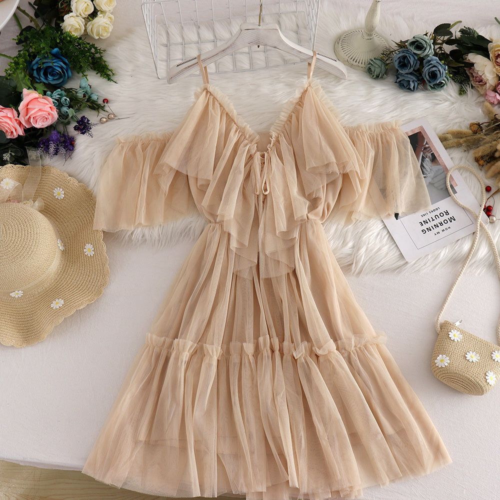 Off-the-shoulder Strappy Ruffled Mesh Dress