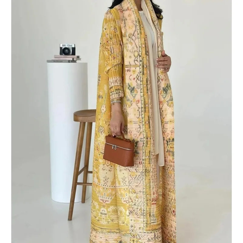 Women's Pleated Chic Middle East Abaya Printed Shawl Cardigan