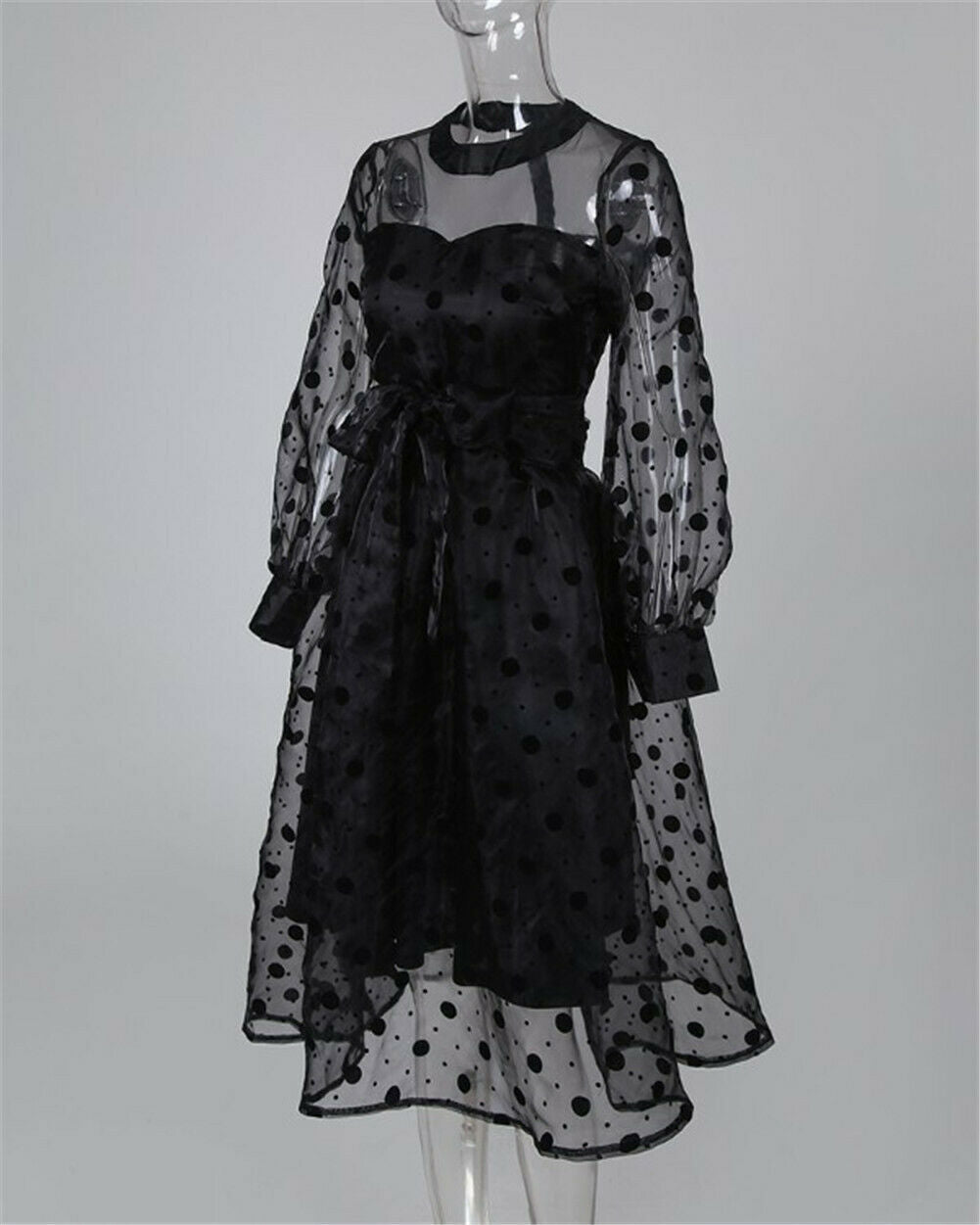 Black Polka Dot Mesh Lantern Sleeve Dress