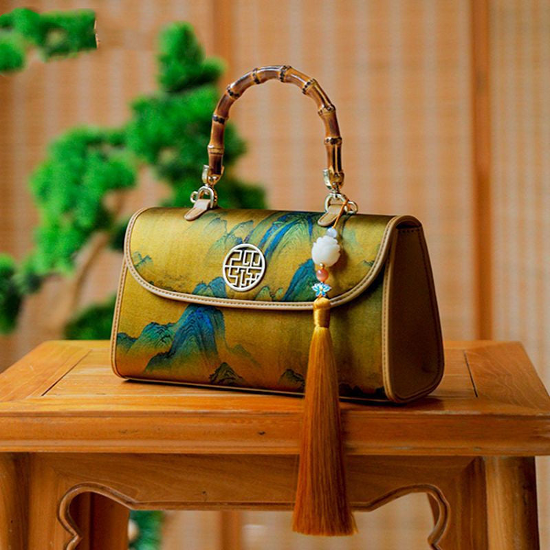 Silk Women's Cheongsam Bamboo Crossbody Handbag Small Bag Golden Yellow