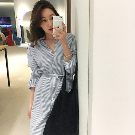 Jupe chemise en coton et lin rayée avec fente