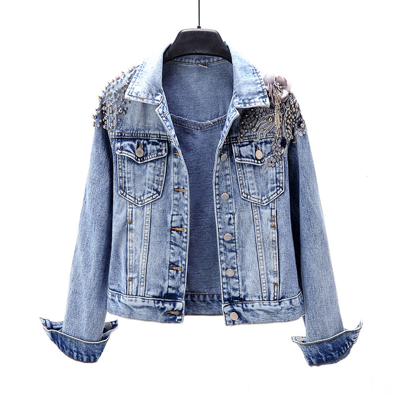 Heavy Industry Beaded Flowers Long-sleeved Denim Jacket