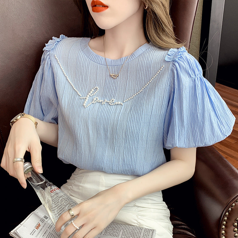 Top Puff Sleeve Solid Color Short-sleeved Shirt