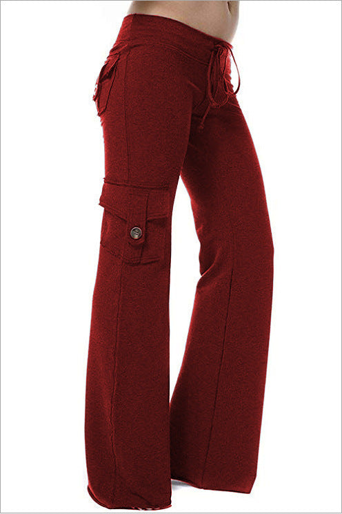 Women's High Waist Flared Cotton Pants with Multiple Pockets