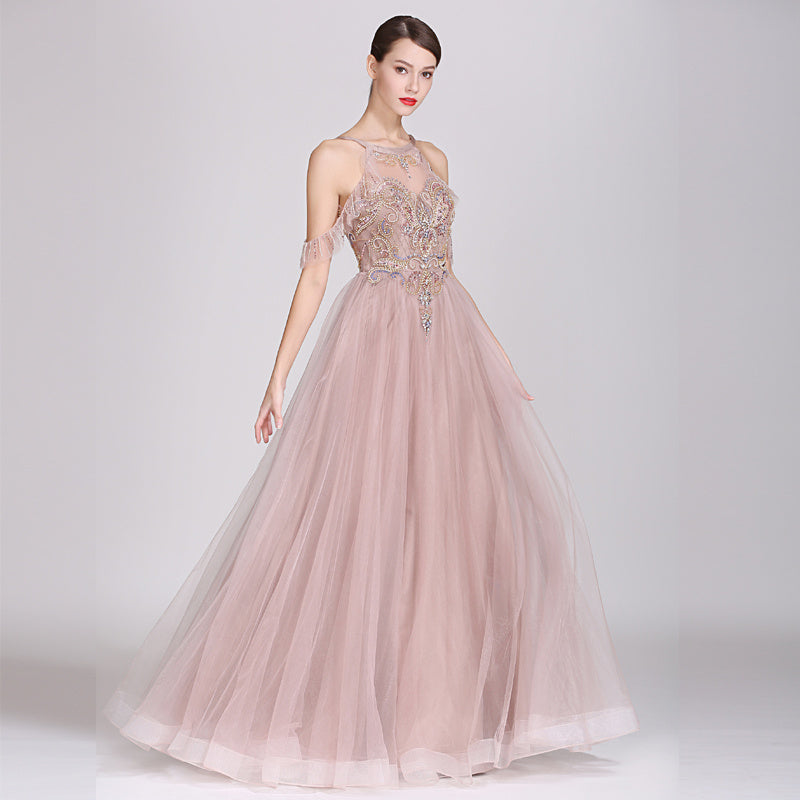 Bean Paste Color Handmade Evening Dress with Sequins, Mid Waist, Long Skirt, Sizes XS-XL