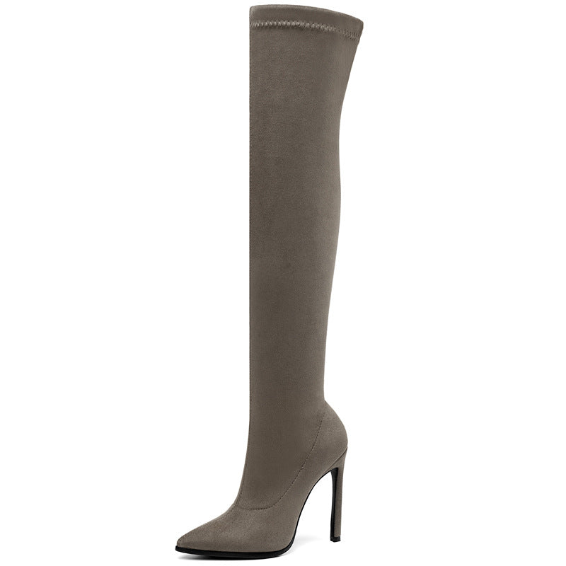 Bottes cuissardes en velours élastique à talons aiguilles