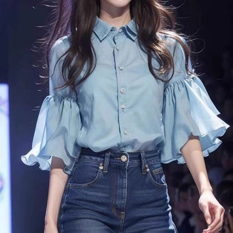 قميص شيفون أزرق بأكمام واسعة