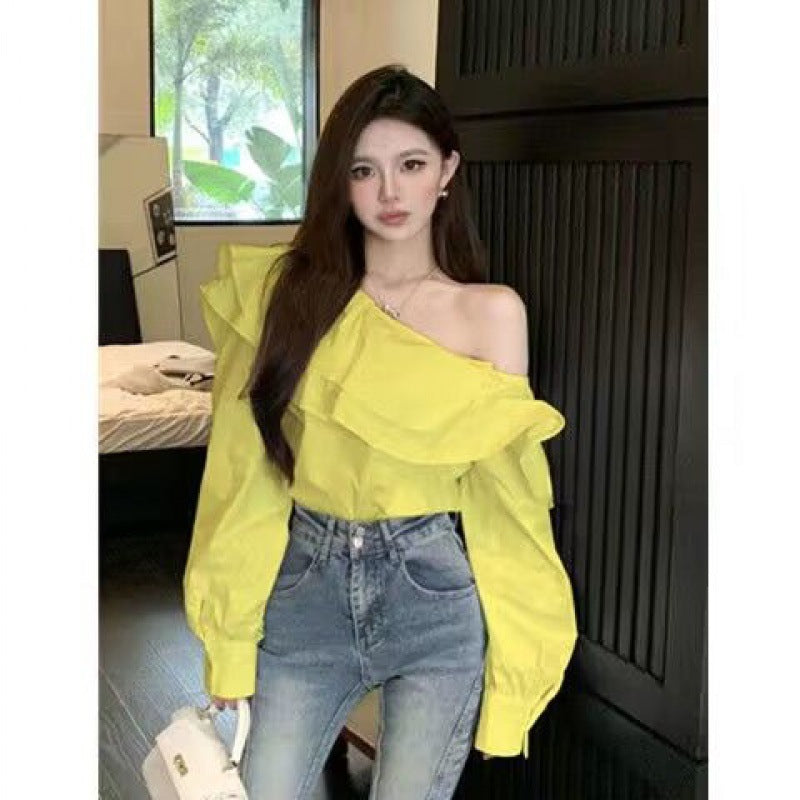Women's Elegant Ruffled Off-Shoulder Long Sleeve Shirt