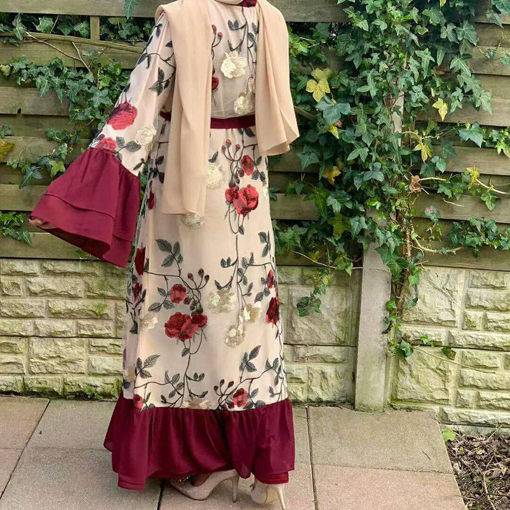 Middle Eastern Embroidered Patchwork Cardigan in Red Burgundy Polyester