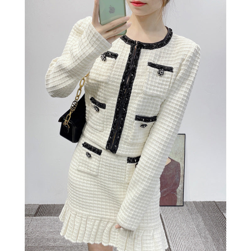 Winter Women's Two-Piece Knitted Cotton Top & Plaid Skirt Set