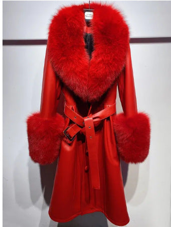 Slim-Fit Genuine Leather Sheepskin Coat with Fox Fur Collar