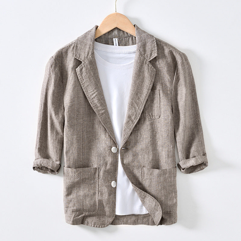 34 Sleeve Suit Jacket Men's Cotton And Linen Stripes Suit Jacket