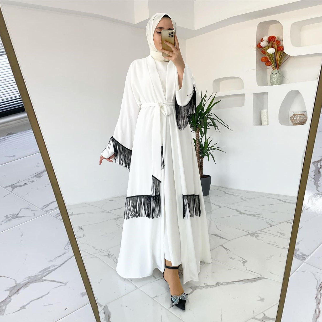 Vêtements ethniques arabes saoudiens du Moyen-Orient Abaya manteau à franges robe de mode
