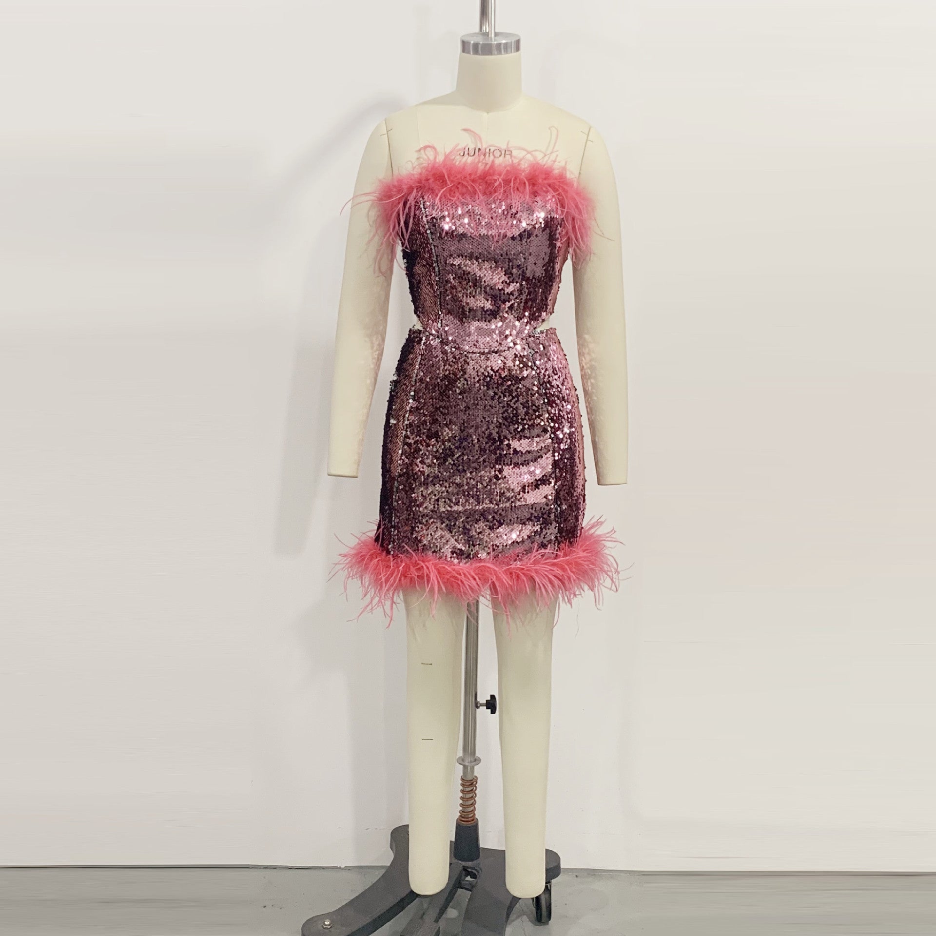 Rose Red Sequin Feather Skater Suit for Women