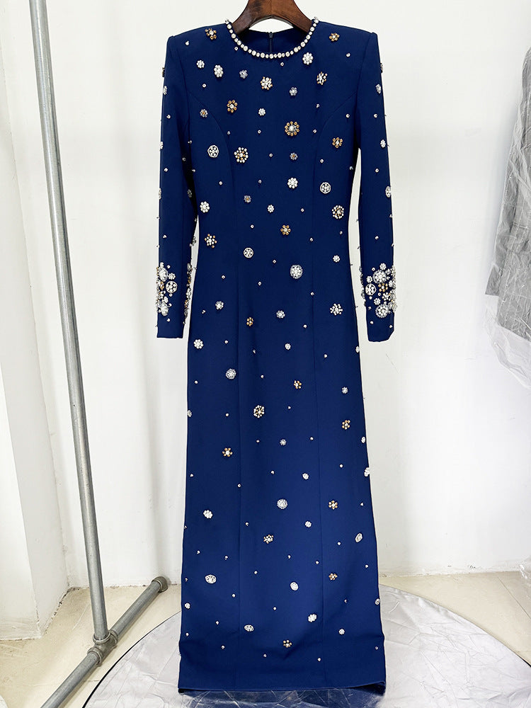 Fashion Temperament Heavy Industry Beads Diamond Slim Long Dress