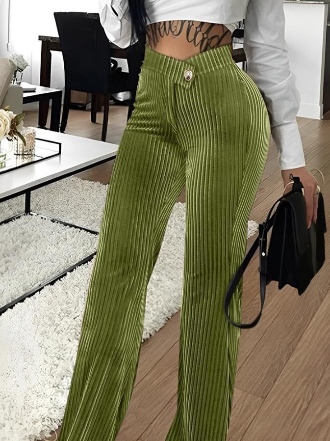Gold Velvet Striped Casual Women's Pants