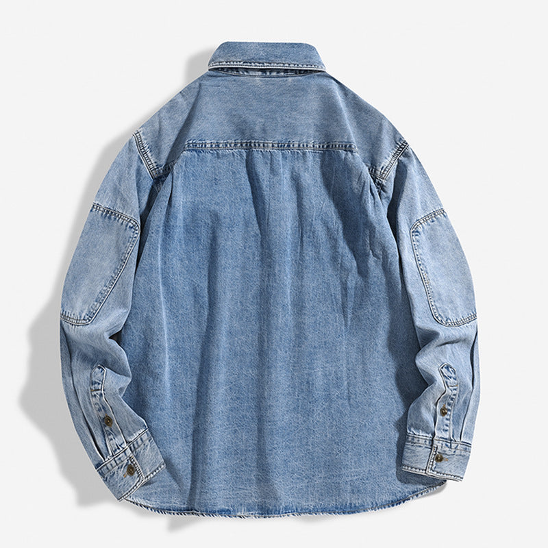 Cardigan Homme Lourd Délavé Ample Chemise Manteau en Coton Mélangé