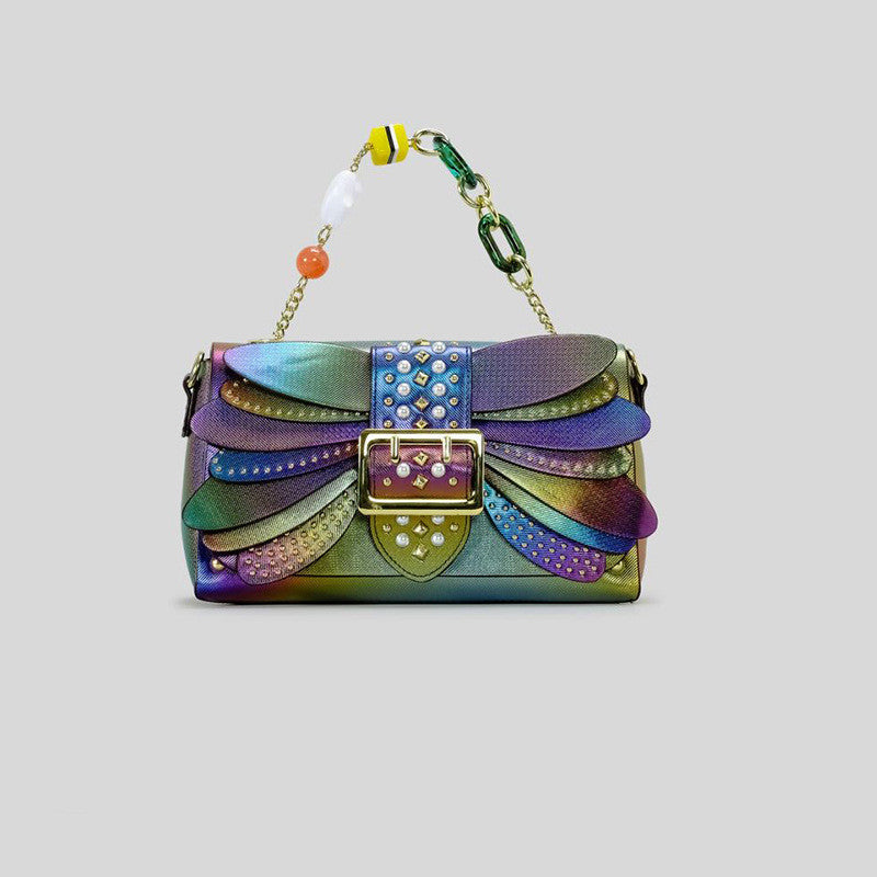 Contrast Color Rivet Butterfly Wings PU Handbag Crossbody Bag