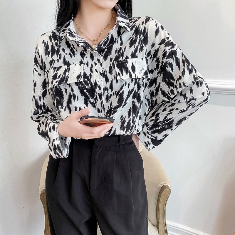 Casual Retro Polo Collar Loose Long Sleeve Shirt Polyester