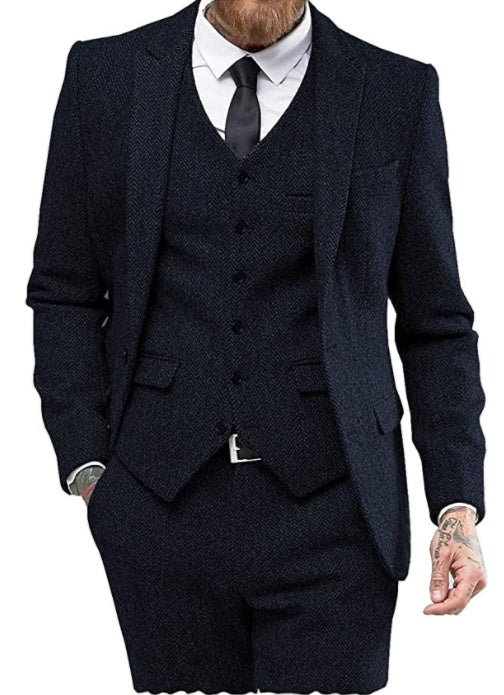 Men's Three-Piece Suit with Viscose Blend & Flat Collar