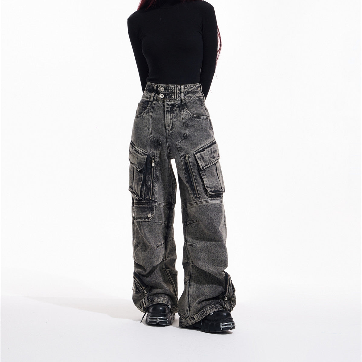Retro Wide Leg Multi-Pocket Denim Jeans