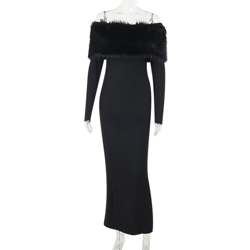 Off-Shoulder Black Fur Collar Slim Fit Dress for Women S-L