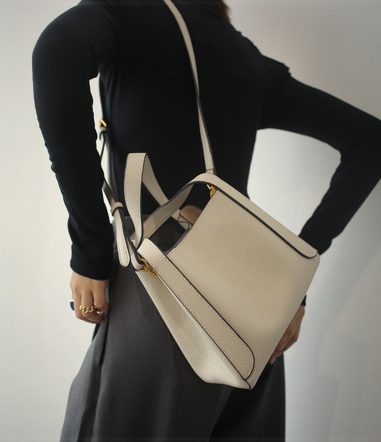 Sac seau en cuir de vachette première couche pour femme, portable pour les trajets quotidiens