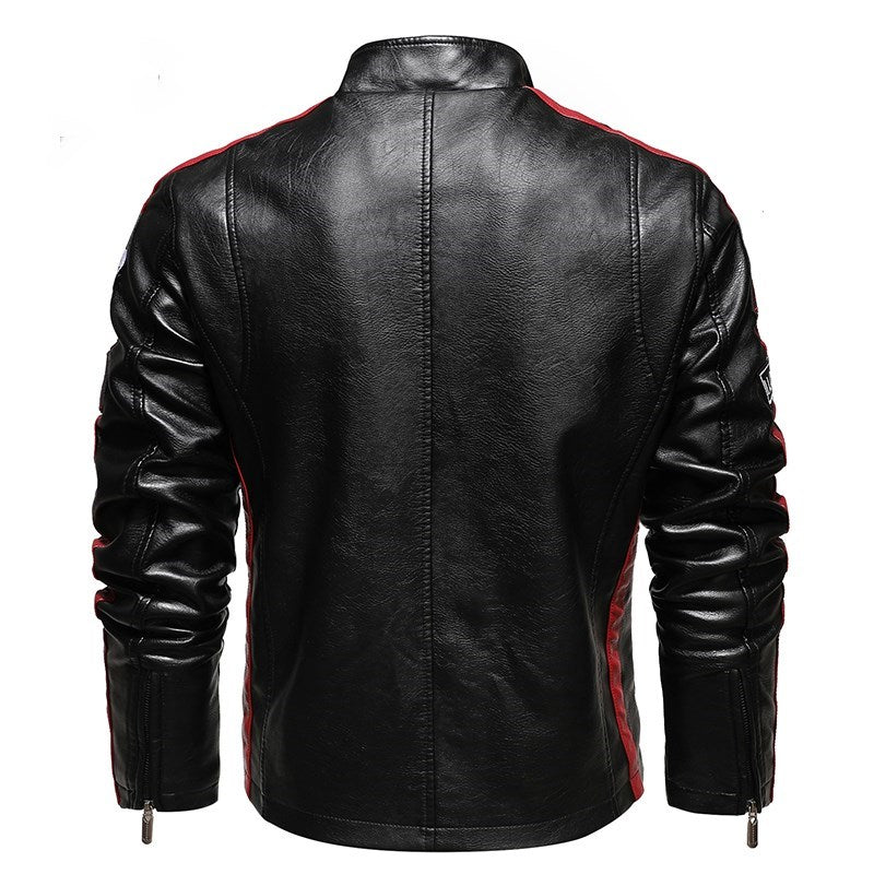 Men's Slim-Fit Short Embroidered PU Leather Jacket with Stand-Up Collar