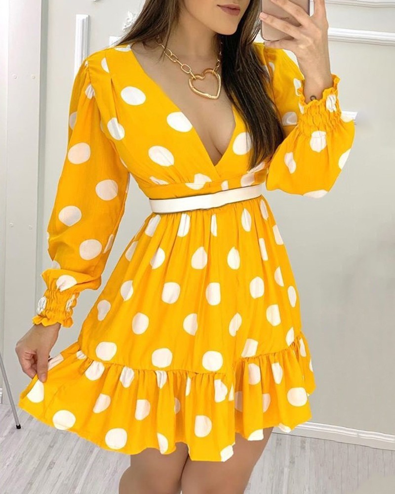 Yellow Polka Dot V-Neck Cotton Blend Dress