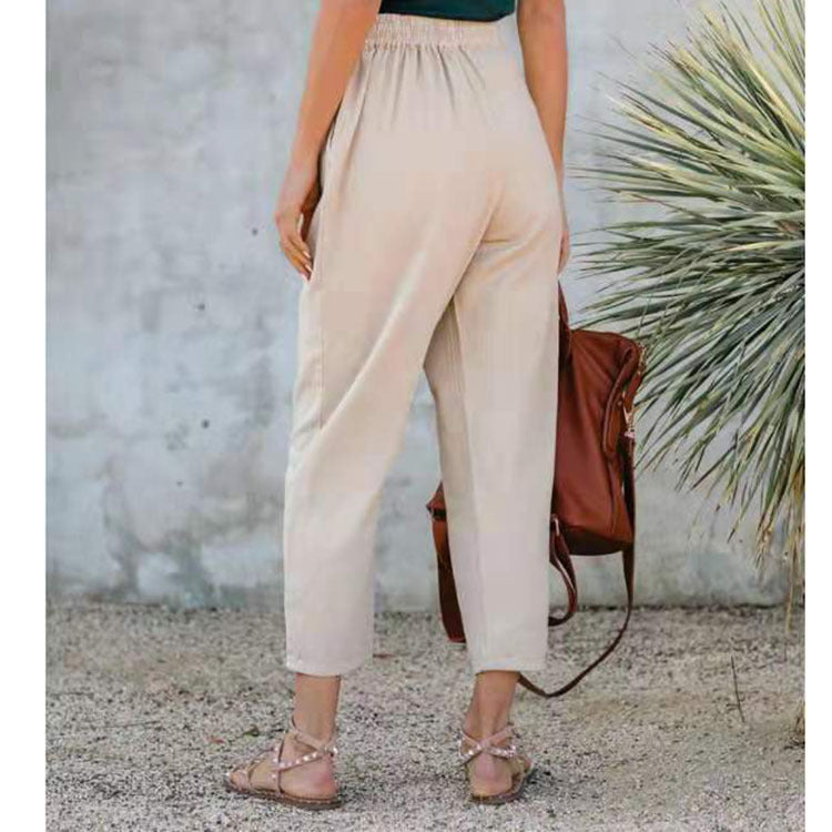 Pure Color Casual Elasticated High-waist Straight-leg Trousers