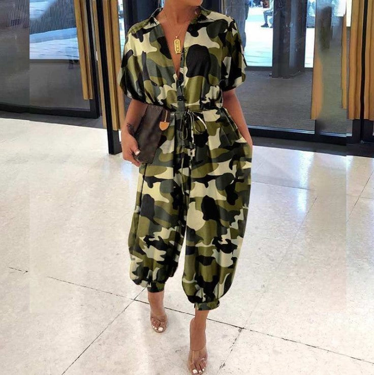 Short Sleeve Buttoned High-Waist Jumpsuit with Belt