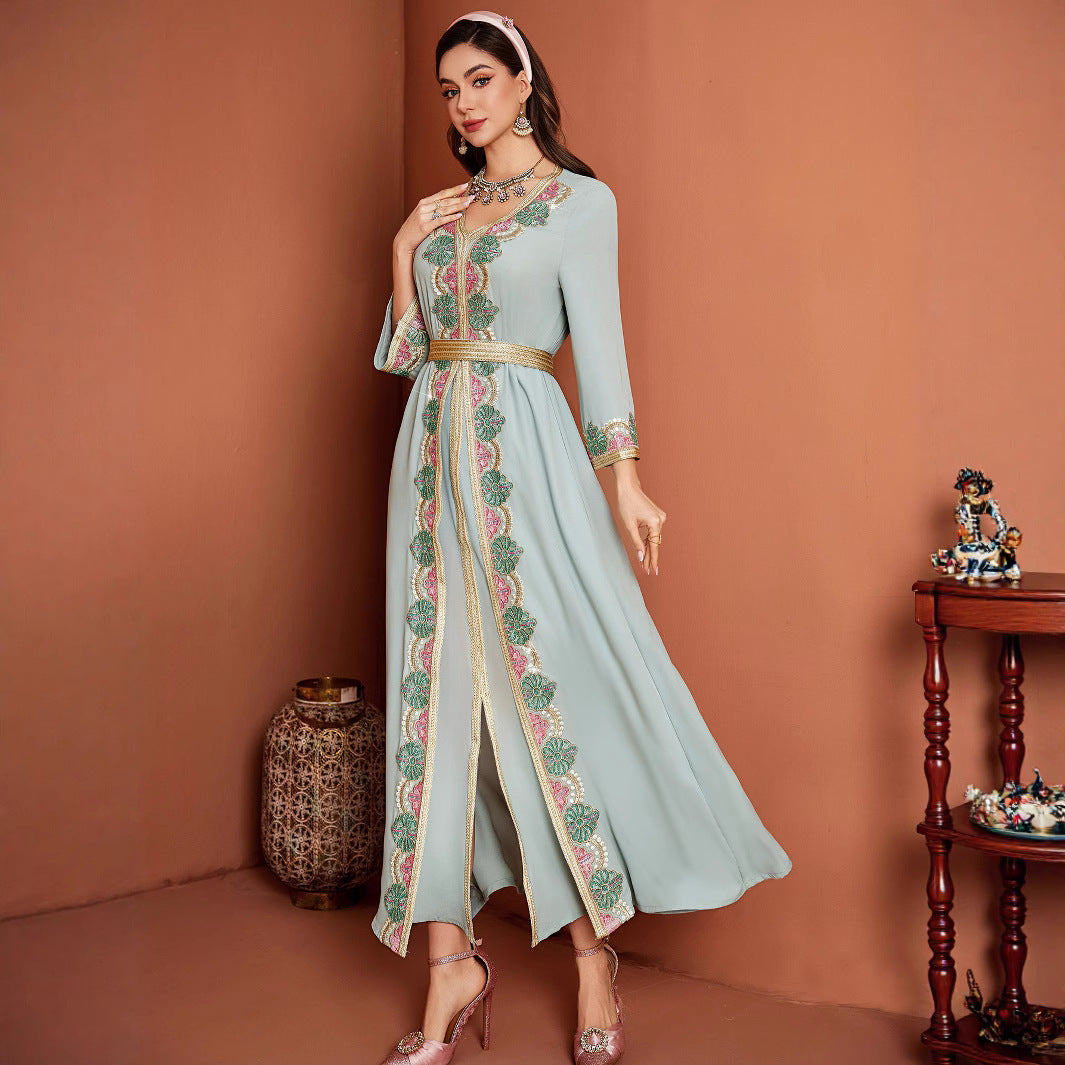 New Bean Green False Two-piece Patchwork Lace Embroidered Lace V-neck Dress for Arabian Women