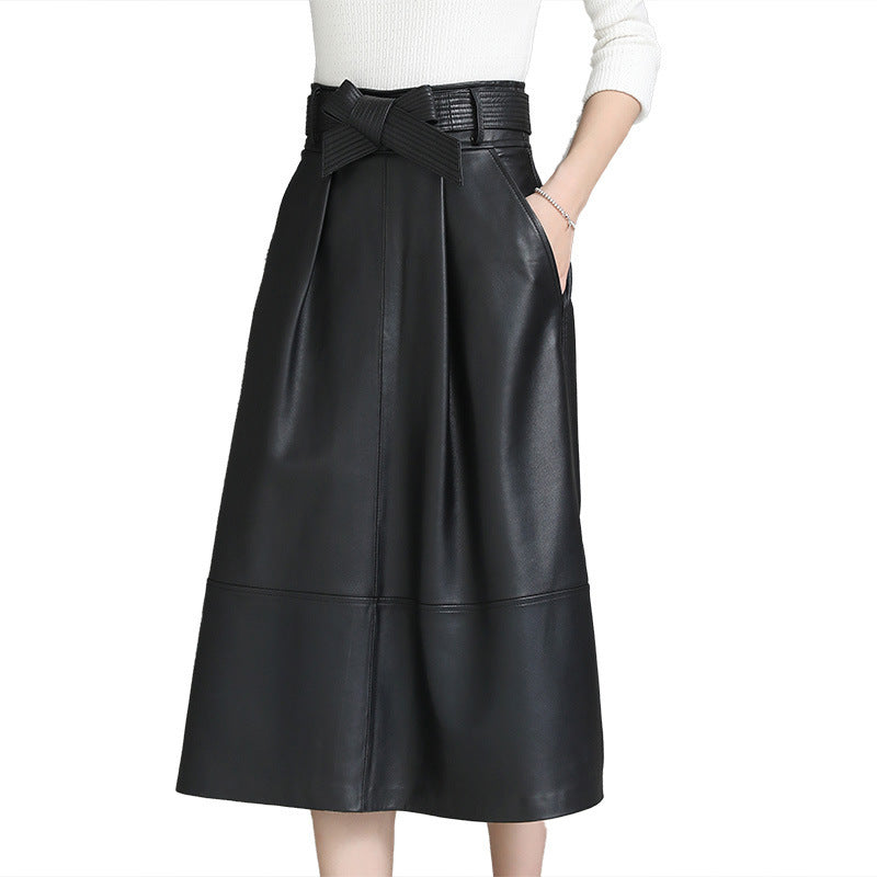 Jupe mi-longue en cuir véritable de mouton pour femme - collection printemps