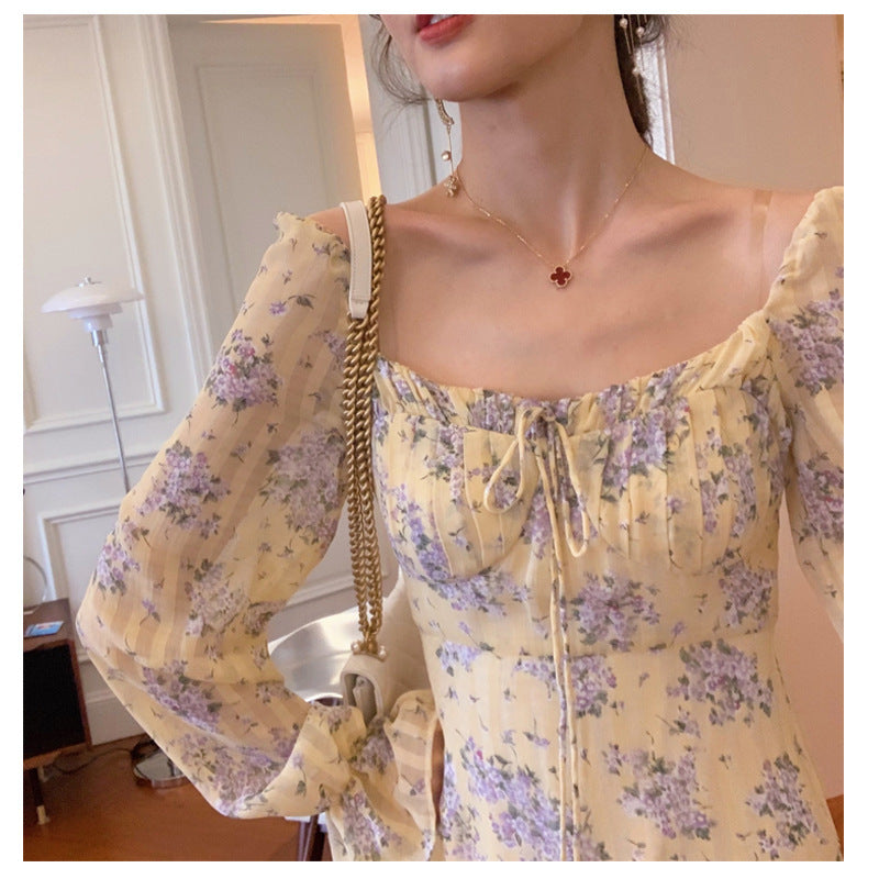 Vintage Floral Square Collar Long Dress