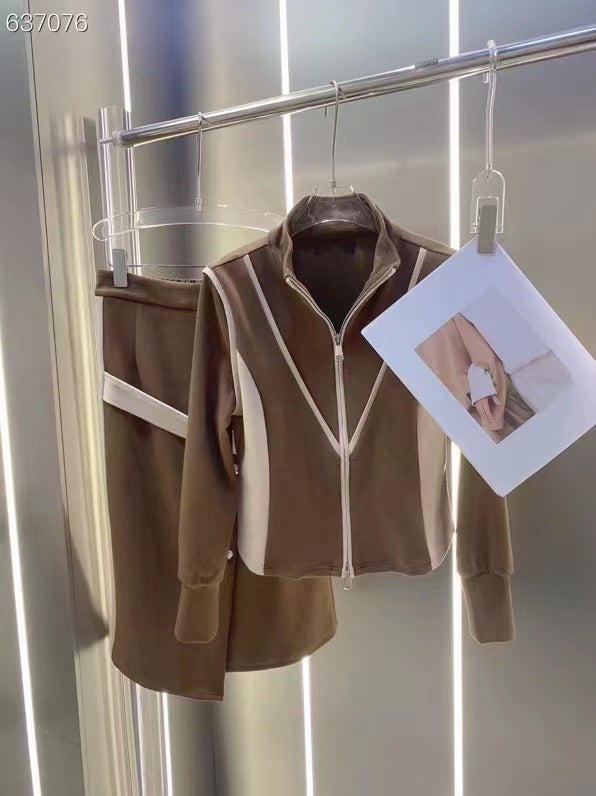 Autumn Black & Camel Top and Skirt Sports Suit for Women